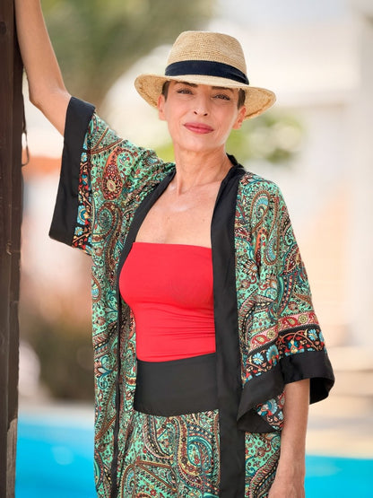 Silk palazzo set – wide leg pants women – boho chic kimono outfit