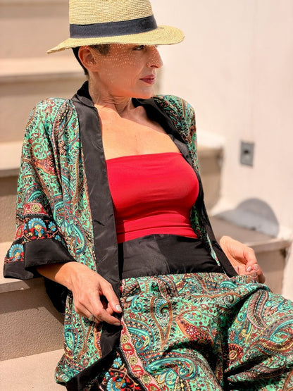 Silk palazzo set – wide leg pants women – boho chic kimono outfit