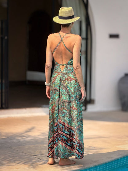 Silk backless dress – Boho summer style – Cross back straps