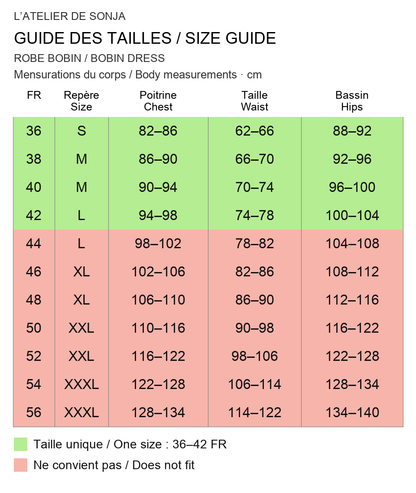 Guide des tailles français / English size guide. Rouge : ne convient pas / Red: does not fit. Mesures en cm / Measurements in cm.