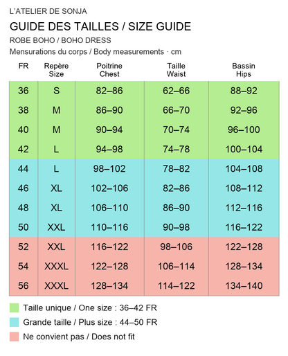 Guide des tailles français / English size guide. Rouge : ne convient pas / Red: does not fit. Mesures en cm / Measurements in cm.