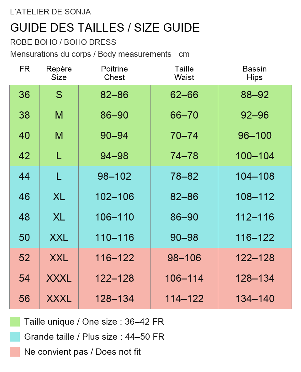 Guide des tailles français / English size guide. Rouge : ne convient pas / Red: does not fit. Mesures en cm / Measurements in cm.