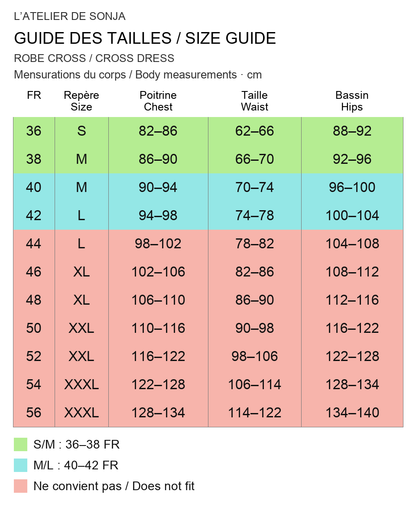 Guide des tailles CROSS : S/M 36–38 FR, M/L 40–42 FR. Rouge : ne convient pas. Size guide: red means does not fit.