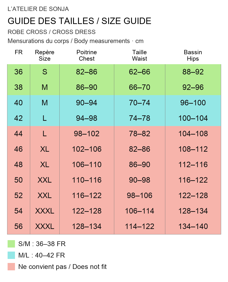 Guide des tailles CROSS : S/M 36–38 FR, M/L 40–42 FR. Rouge : ne convient pas. Size guide: red means does not fit.