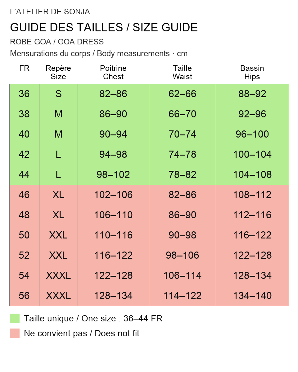 Guide des tailles français / English size guide. Rouge : ne convient pas / Red: does not fit. Mesures en cm / Measurements in cm.