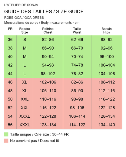 Guide des tailles français / English size guide. Rouge : ne convient pas / Red: does not fit. Mesures en cm / Measurements in cm.