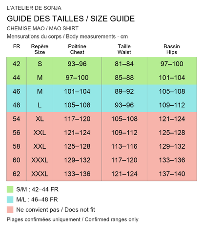 Guide des tailles français / English size guide. Rouge : ne convient pas / Red: does not fit. Mesures en cm / Measurements in cm.