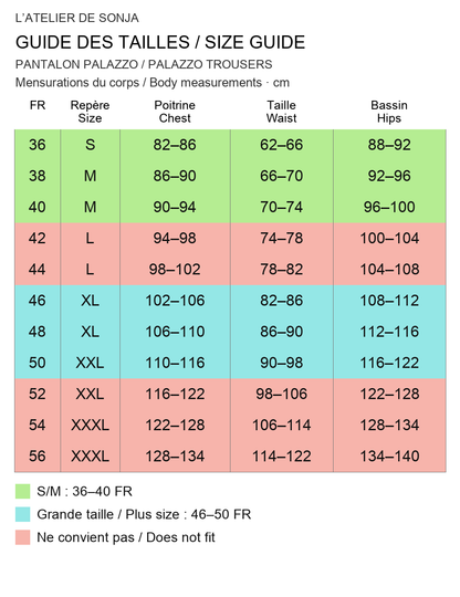 Guide des tailles français / English size guide. Rouge : ne convient pas / Red: does not fit. Mesures en cm / Measurements in cm.