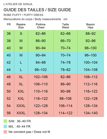 Guide des tailles français / English size guide. Rouge : ne convient pas / Red: does not fit. Mesures en cm / Measurements in cm.