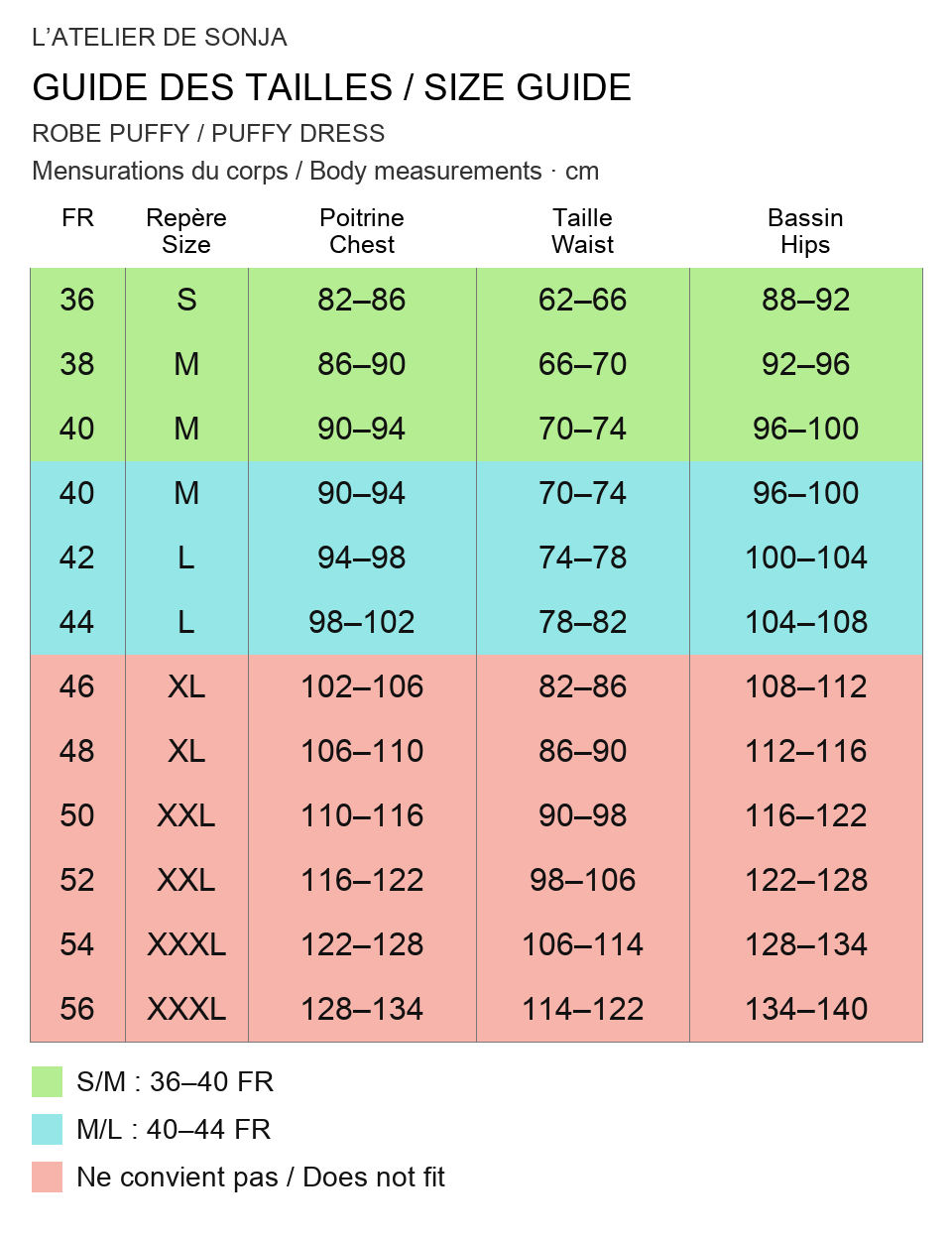 Guide des tailles français / English size guide. Rouge : ne convient pas / Red: does not fit. Mesures en cm / Measurements in cm.