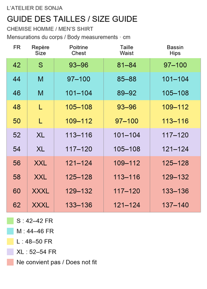 Guide des tailles français / English size guide. Rouge : ne convient pas / Red: does not fit. Mesures en cm / Measurements in cm.