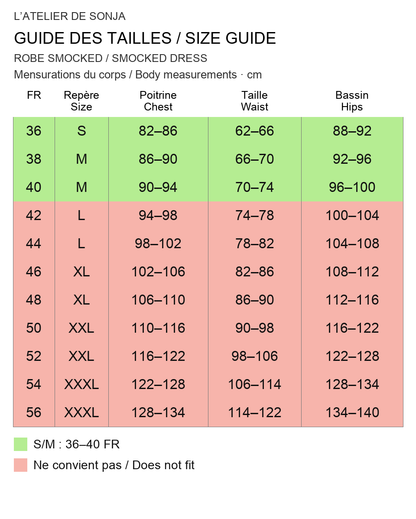 Guide des tailles français / English size guide. Rouge : ne convient pas / Red: does not fit. Mesures en cm / Measurements in cm.