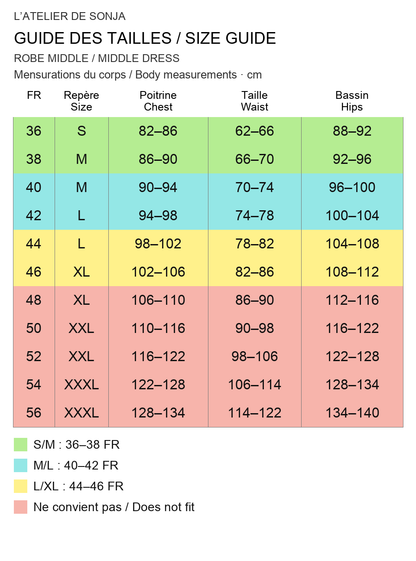 Guide des tailles français / English size guide. Rouge : ne convient pas / Red: does not fit. Mesures en cm / Measurements in cm.