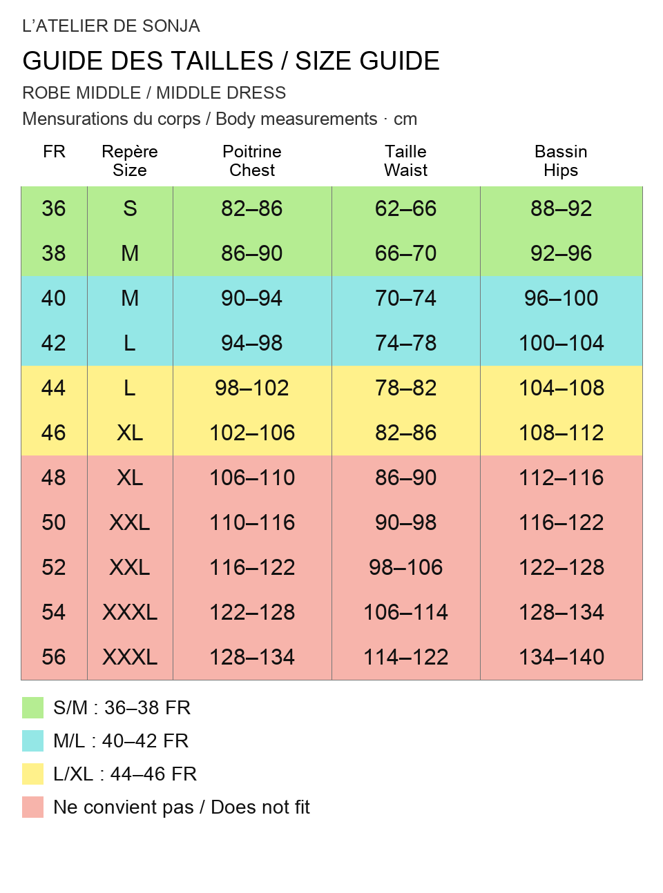 Guide des tailles français / English size guide. Rouge : ne convient pas / Red: does not fit. Mesures en cm / Measurements in cm.