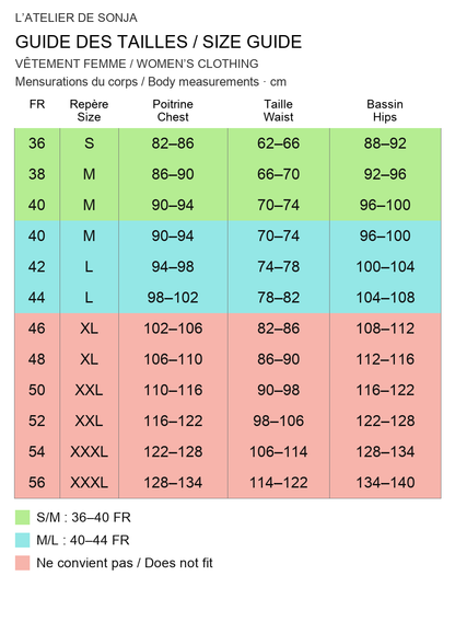 Guide des tailles français / English size guide. Rouge : ne convient pas / Red: does not fit. Mesures en cm / Measurements in cm.