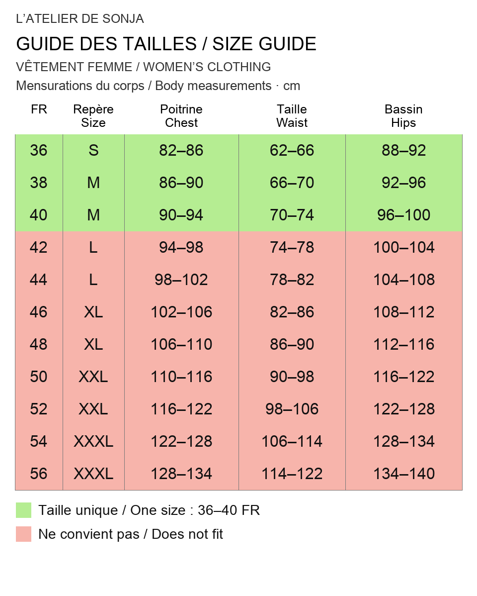 Guide des tailles français / English size guide. Rouge : ne convient pas / Red: does not fit. Mesures en cm / Measurements in cm.