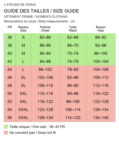 Guide des tailles français / English size guide. Rouge : ne convient pas / Red: does not fit. Mesures en cm / Measurements in cm.