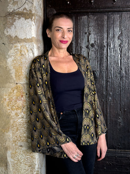 Close view of the black silk-blend kimono jacket and its print