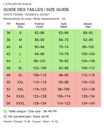 Guide des tailles / Size guide: 36–46 FR, S–M closed, S–XL open