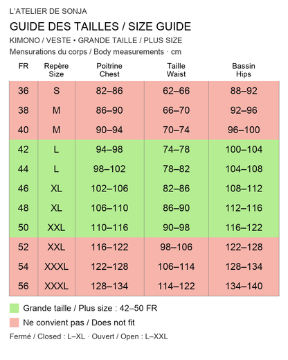 Plus size guide: 42–50 FR, L–XL closed, L–XXL open / Guide grande taille : 42–50 FR