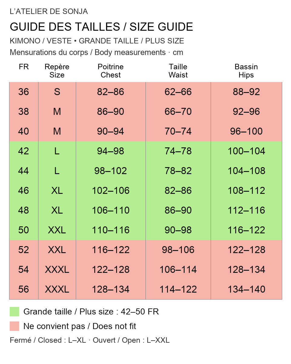 Plus size guide: 42–50 FR, L–XL closed, L–XXL open / Guide grande taille : 42–50 FR