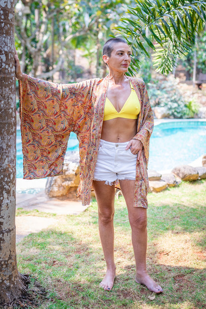 Silk short kimono, sil kimono with belt, vintage kimono, boho kimono, dressing gown