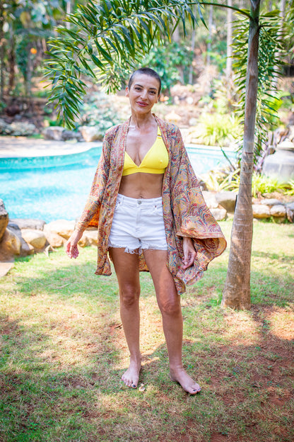 Silk short kimono, sil kimono with belt, vintage kimono, boho kimono, dressing gown