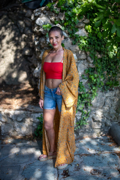 Long silk kimono, Boho Lounge Dress, Dressing gown, Vintage Kimono with Belt