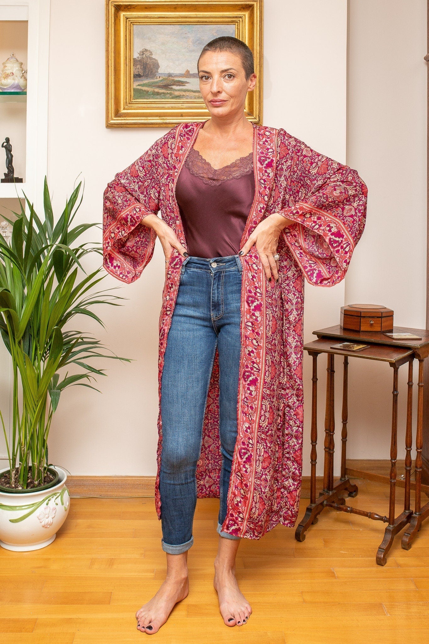 Woman silk kimono, Vintage kimono, Boho kimono, Silk dressing gown