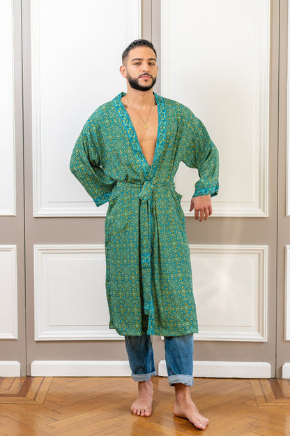Silk boho men's kimono, kimono for him, silk bathrobe, dressing gown