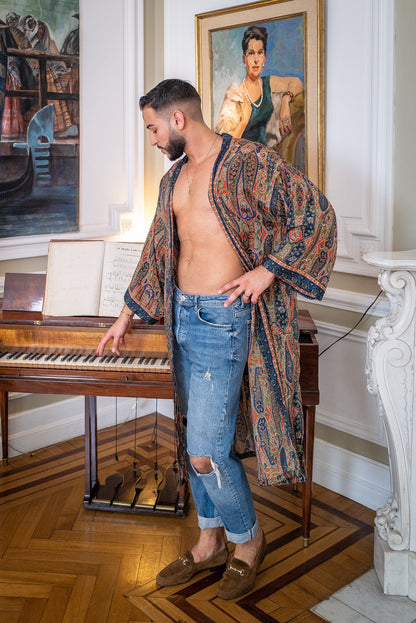 Silk boho men's kimono, kimono for him, silk bathrobe, dressing gown