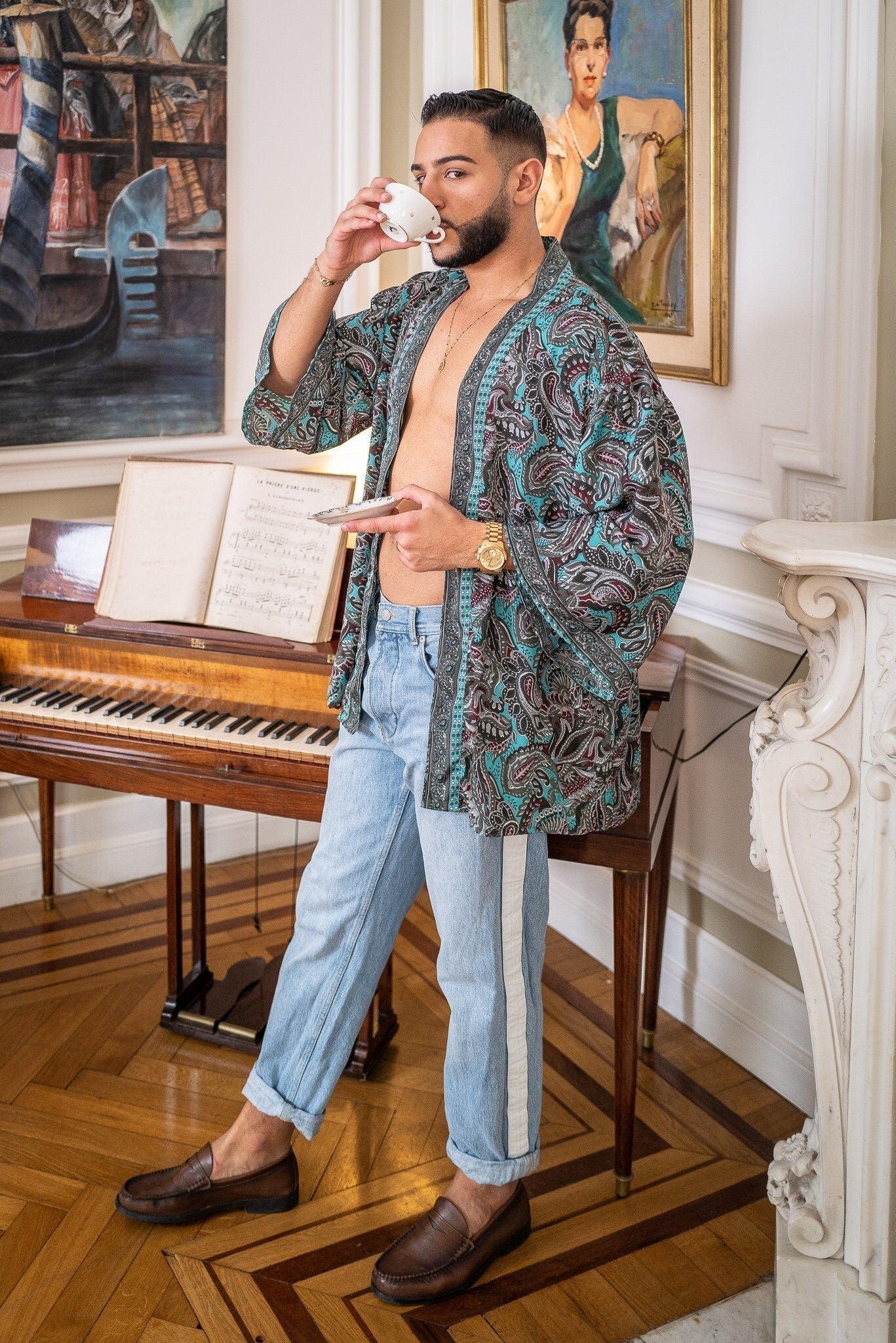 Men's kimono jacket, cardigan jacket, silk kimono, short kimono