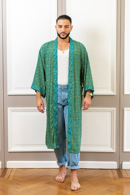 Silk boho men's kimono, kimono for him, silk bathrobe, dressing gown