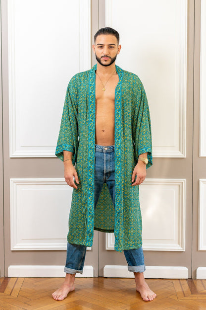 Silk boho men's kimono, kimono for him, silk bathrobe, dressing gown