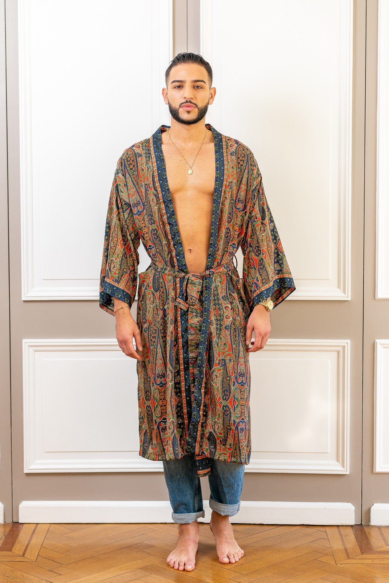 Silk boho men's kimono, kimono for him, silk bathrobe, dressing gown