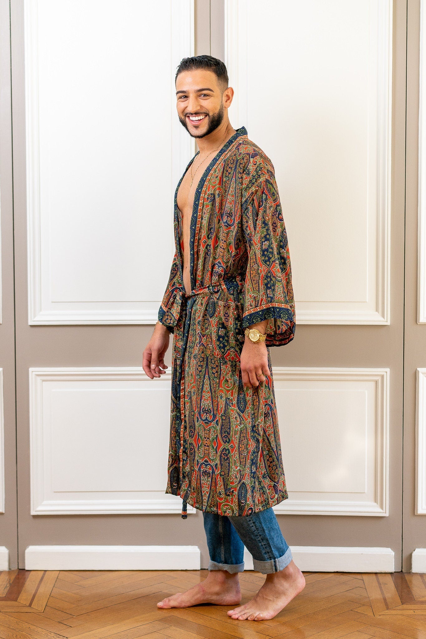 Silk boho men's kimono, kimono for him, silk bathrobe, dressing gown