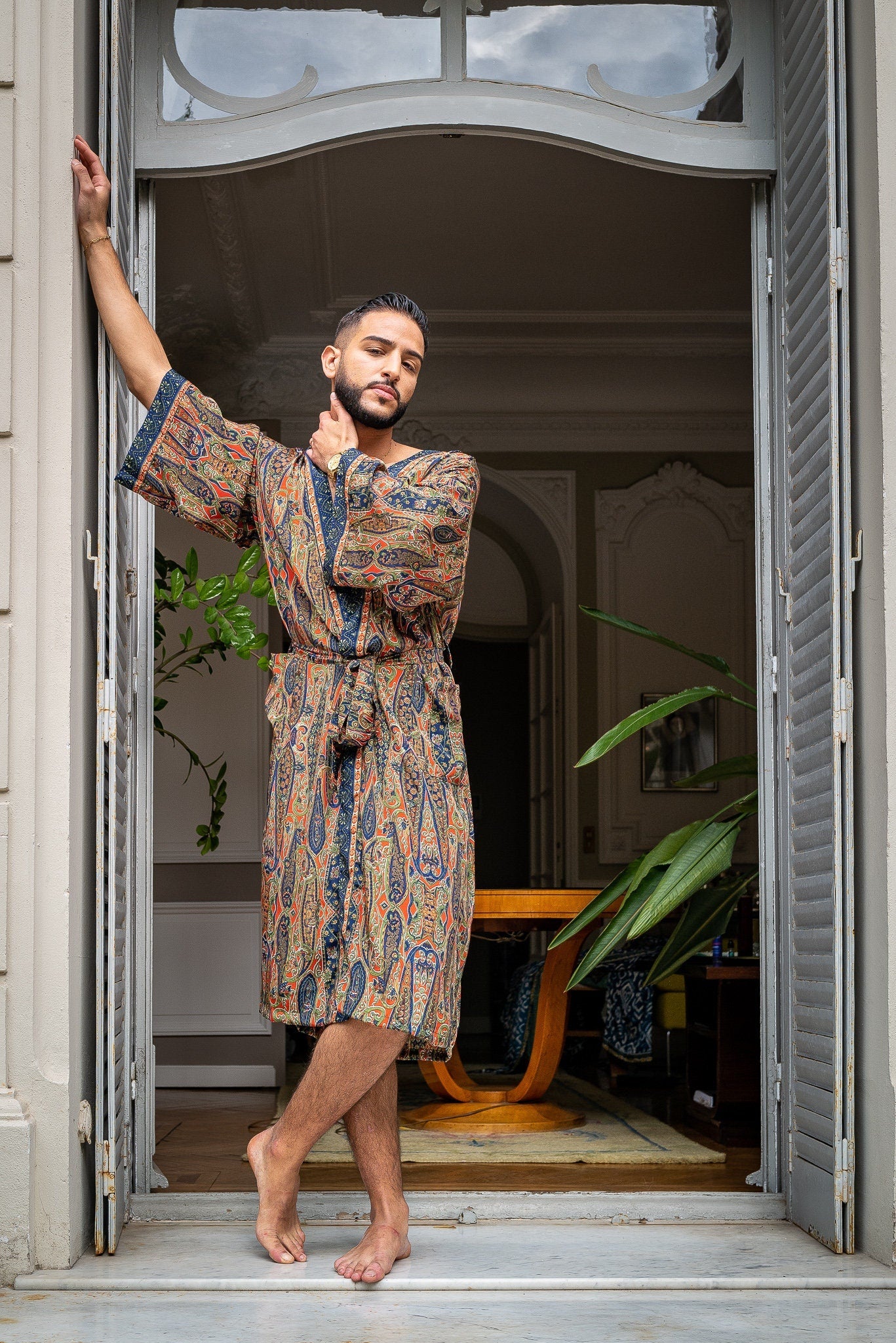 Silk boho men's kimono, kimono for him, silk bathrobe, dressing gown