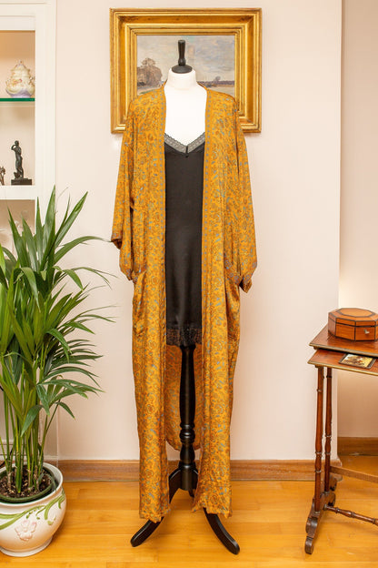 Long silk kimono, Boho Lounge Dress, Dressing gown, Vintage Kimono with Belt