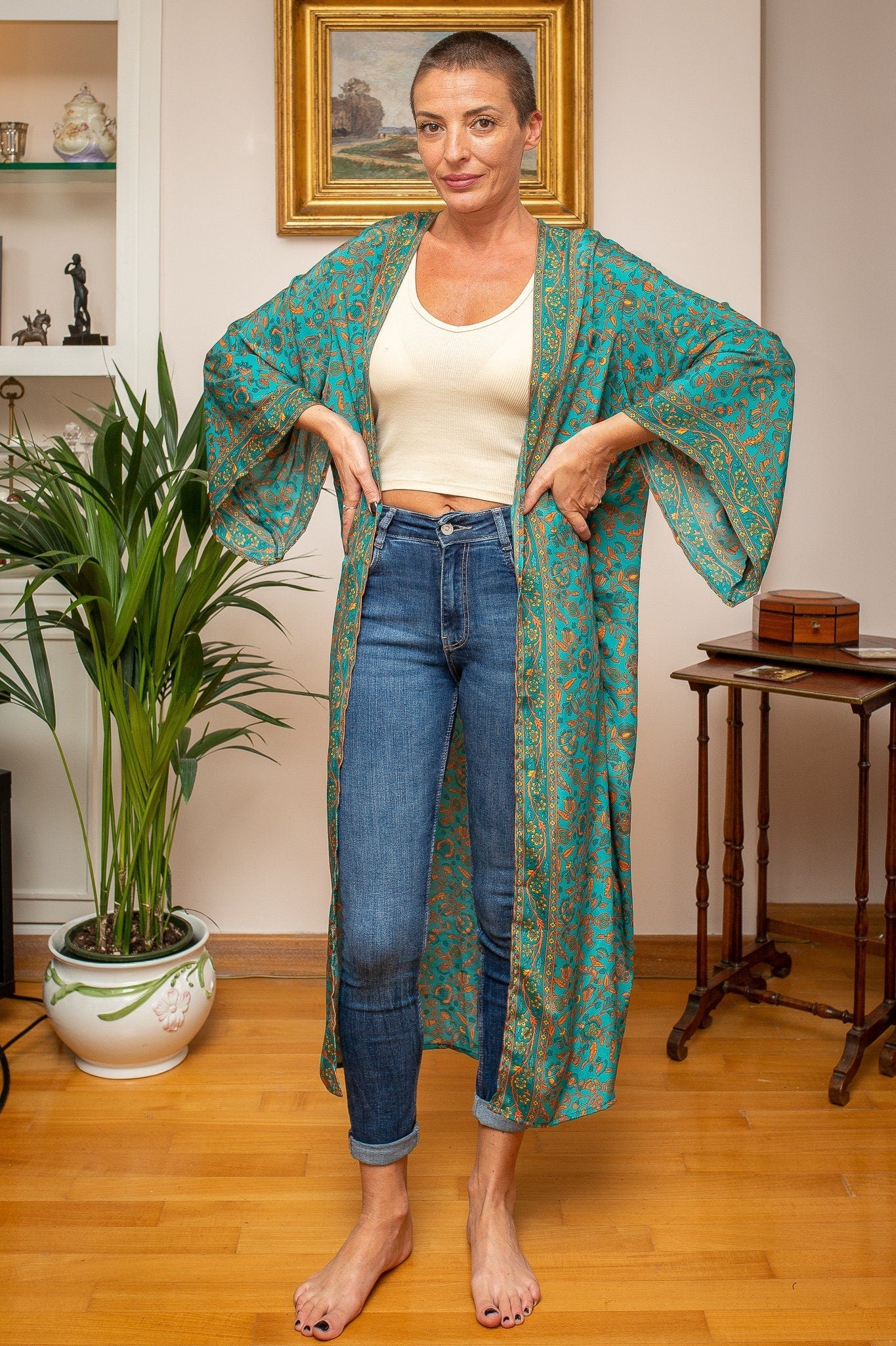 Woman silk kimono, Vintage kimono, Boho kimono, Silk dressing gown