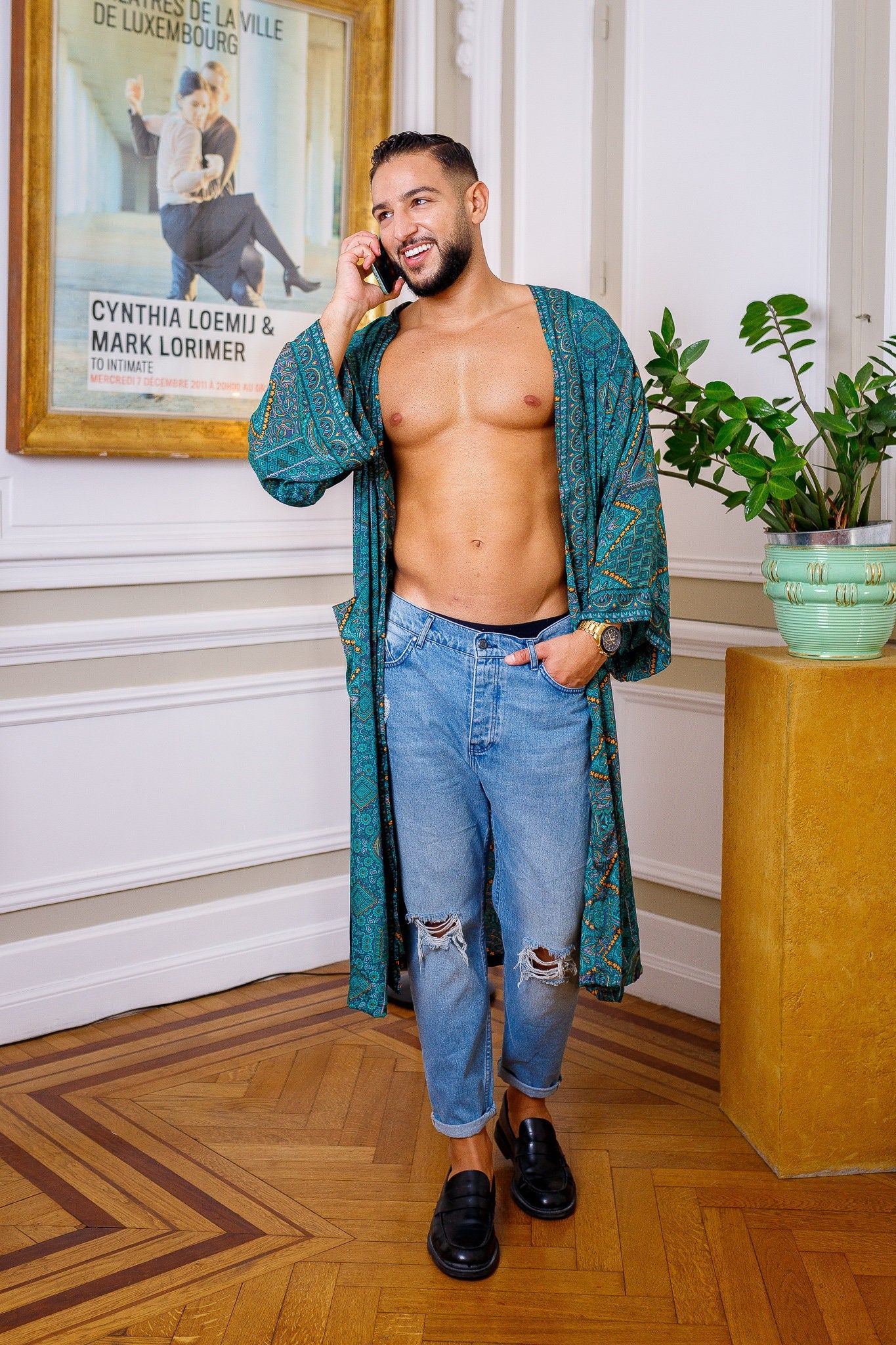 Silk boho men's kimono, kimono for him, silk bathrobe, dressing gown