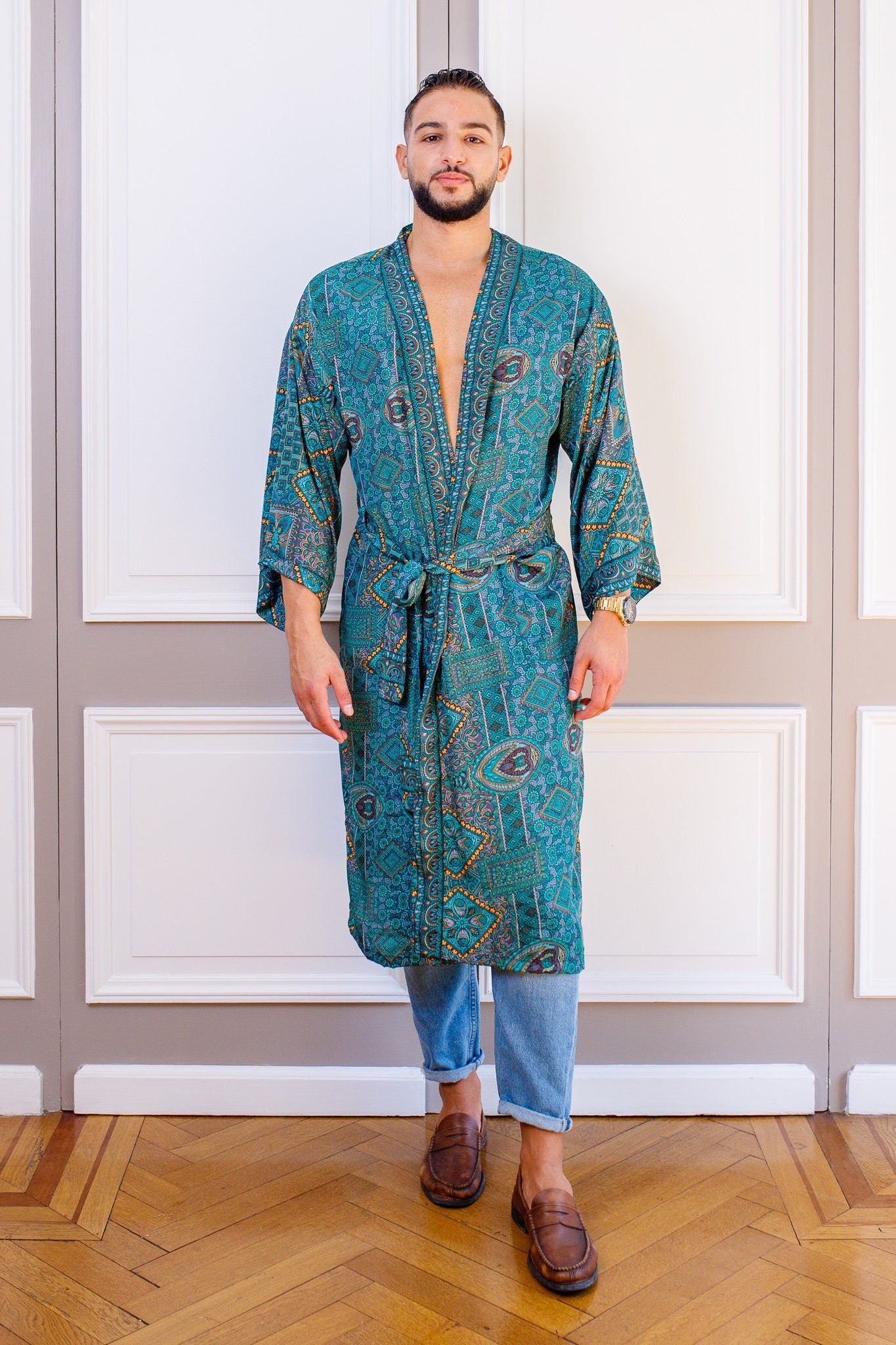 Silk boho men's kimono, kimono for him, silk bathrobe, dressing gown