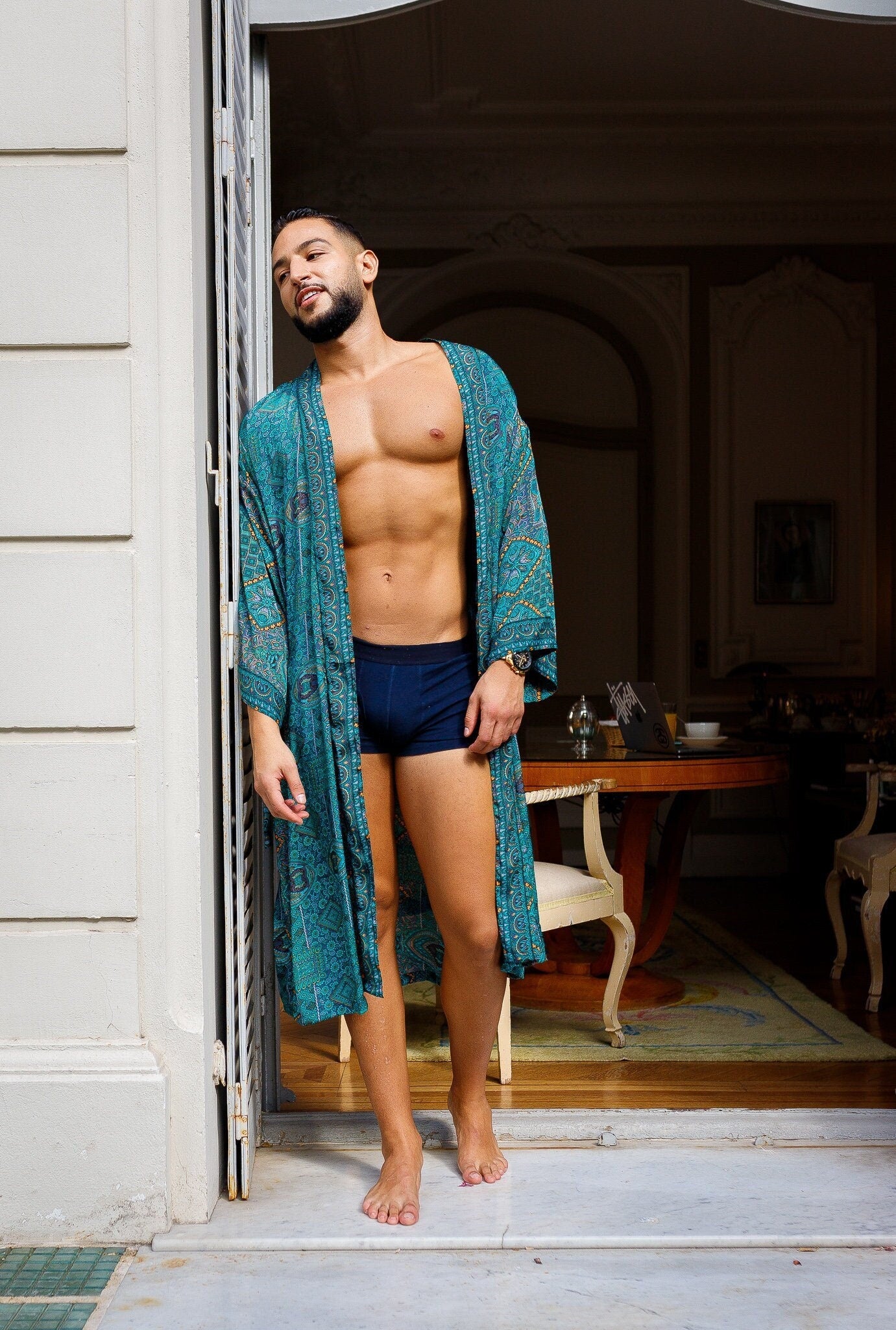 Silk boho men's kimono, kimono for him, silk bathrobe, dressing gown