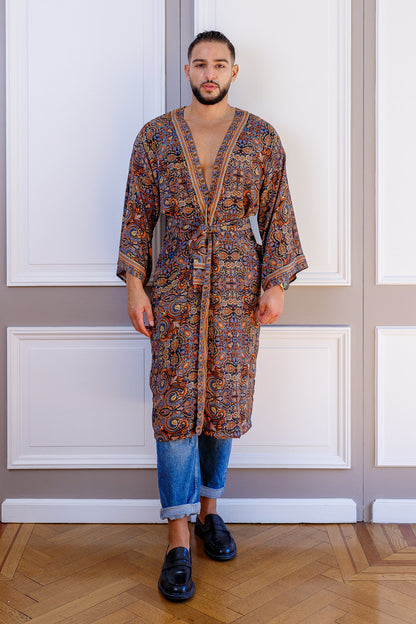 Silk boho men's kimono, kimono for him, silk bathrobe, dressing gown