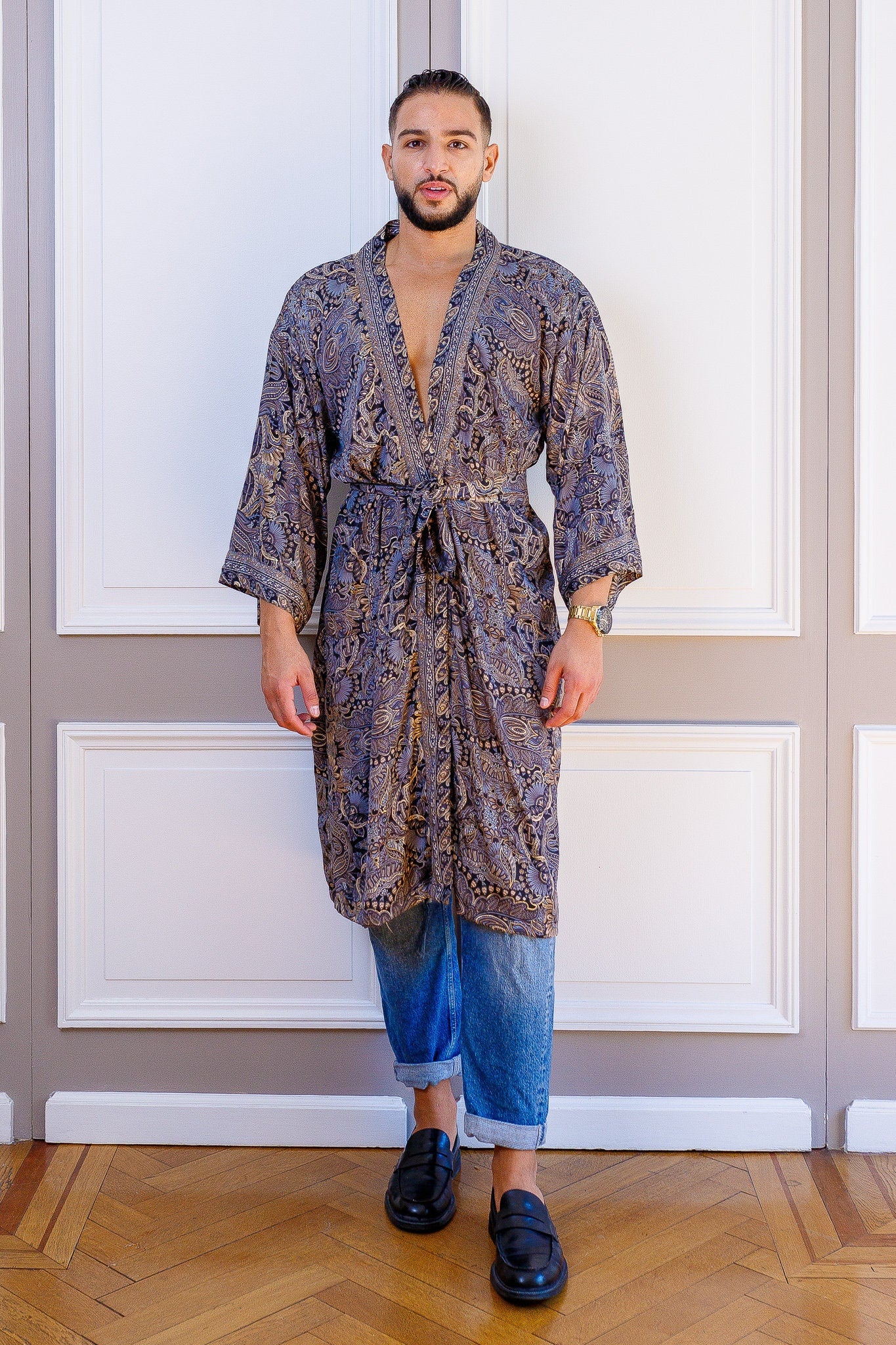 Silk boho men's kimono, kimono for him, silk bathrobe, dressing gown