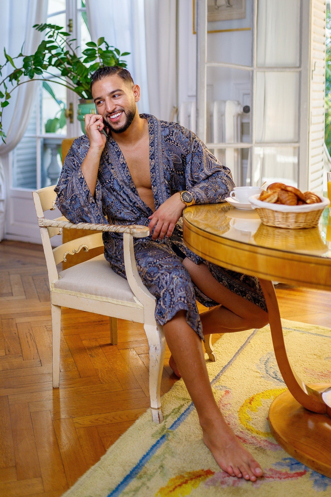 Silk boho men's kimono, kimono for him, silk bathrobe, dressing gown