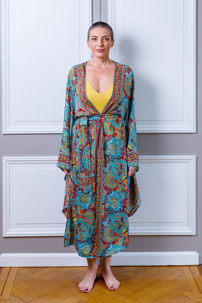 Long silk kimono, Boho Lounge Dress, Dressing gown, Vintage Kimono with Belt