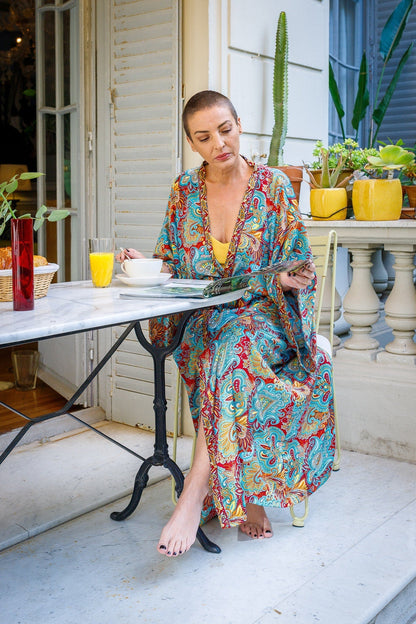 Long silk kimono, Boho Lounge Dress, Dressing gown, Vintage Kimono with Belt