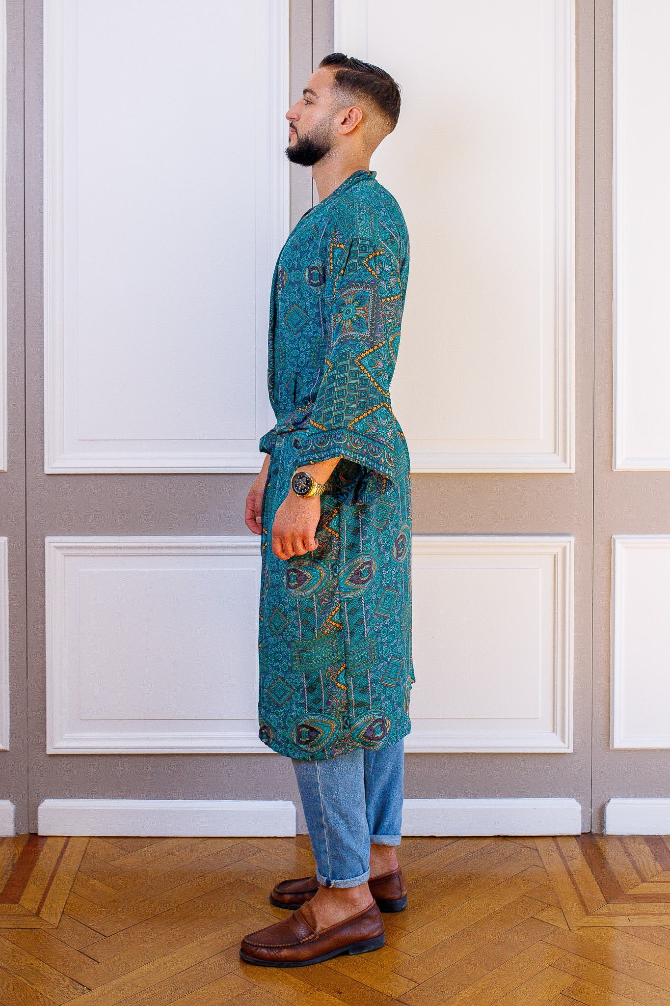 Silk boho men's kimono, kimono for him, silk bathrobe, dressing gown