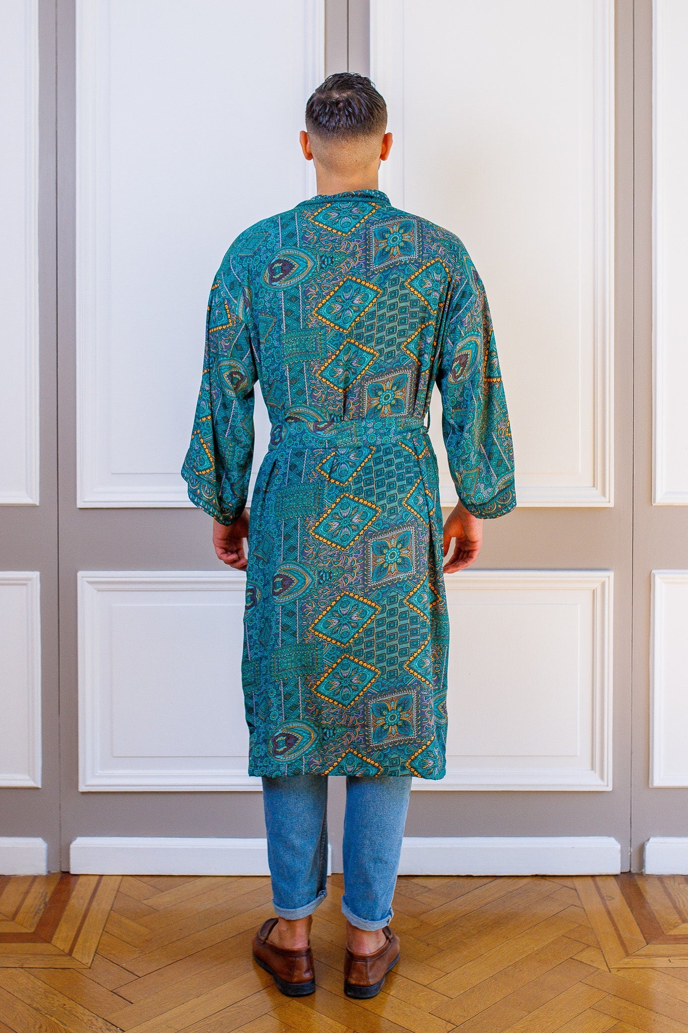 Silk boho men's kimono, kimono for him, silk bathrobe, dressing gown