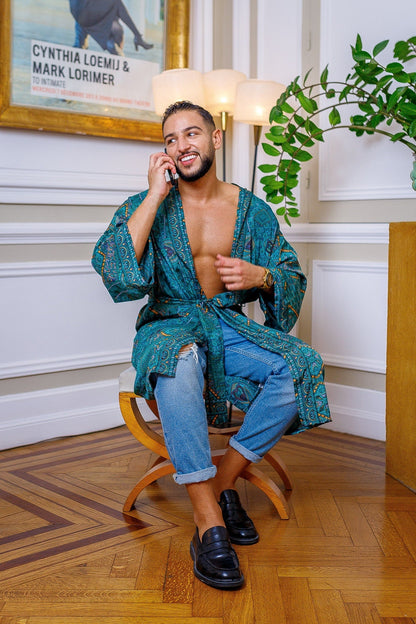 Silk boho men's kimono, kimono for him, silk bathrobe, dressing gown